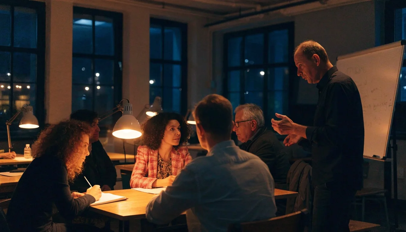 Adult learners in an evening English class in a London room lit by warm desk lamps