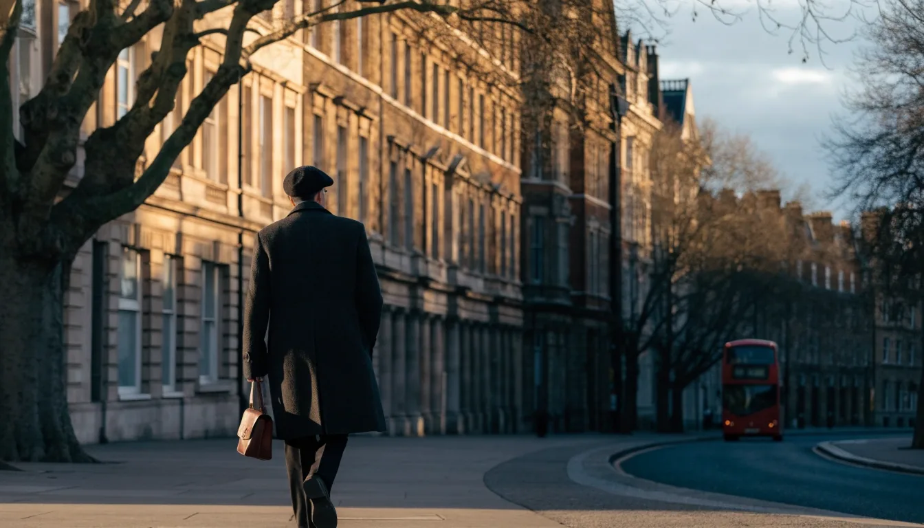 A Bloomsbury street in soft winter light with a professional walking past Georgian terraces