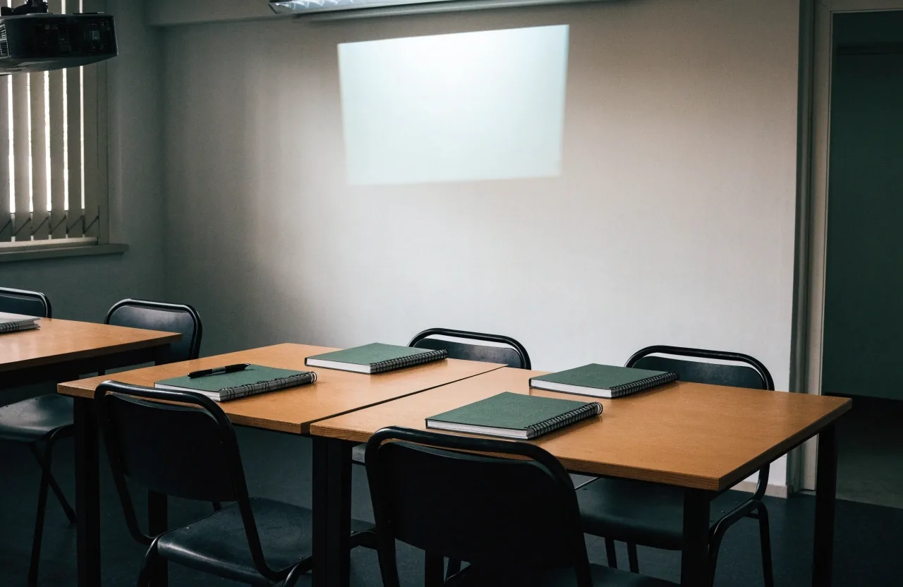 An empty London classroom in daylight with closed notebooks and projector light on a blank wall