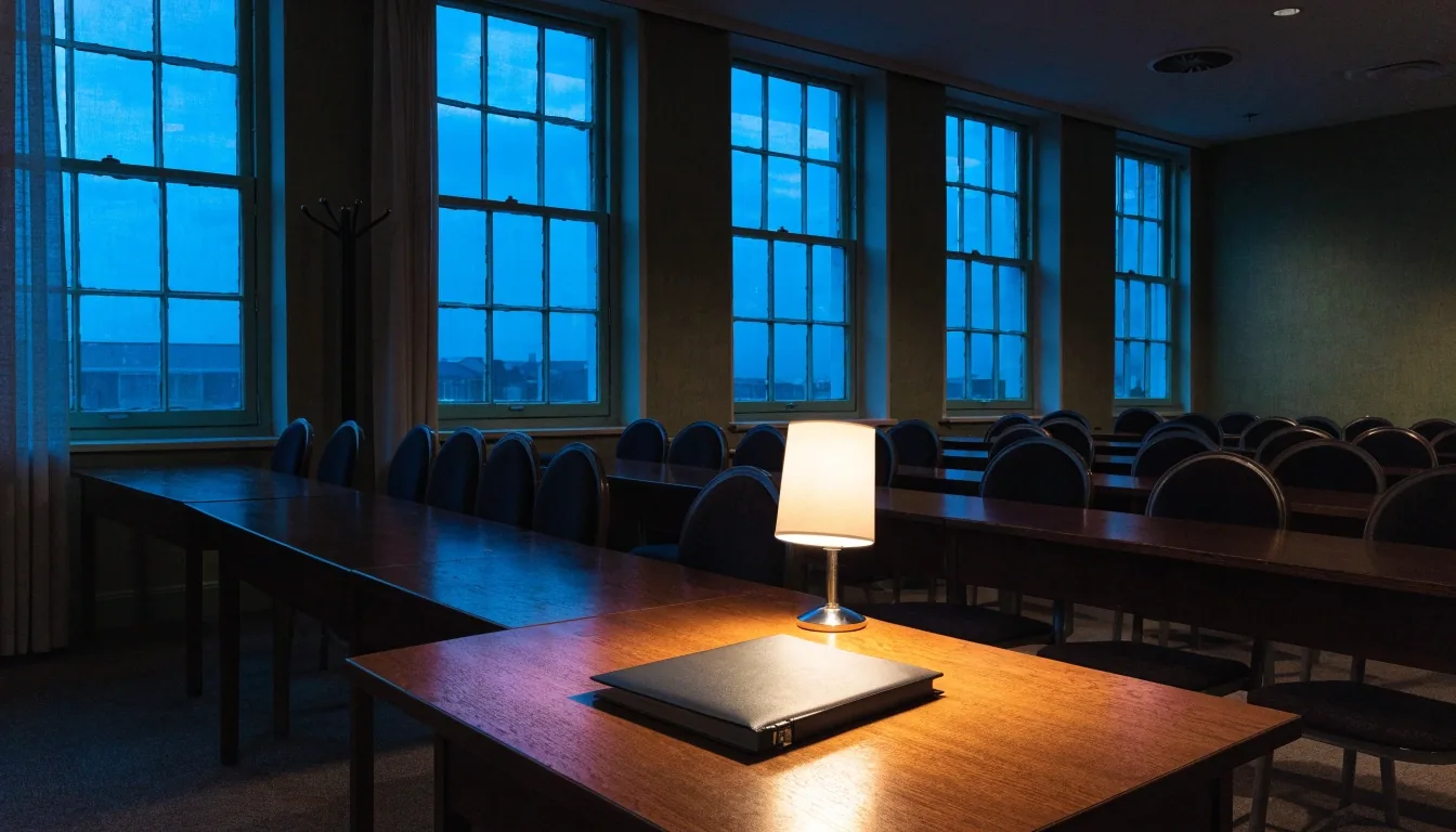 An adult English classroom in the United Kingdom at dusk with a single warm lamp over a closed course folder