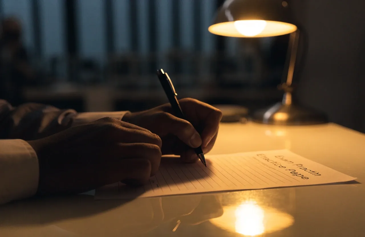 Adult hands writing on an exam practice paper at a desk under a warm lamp at night