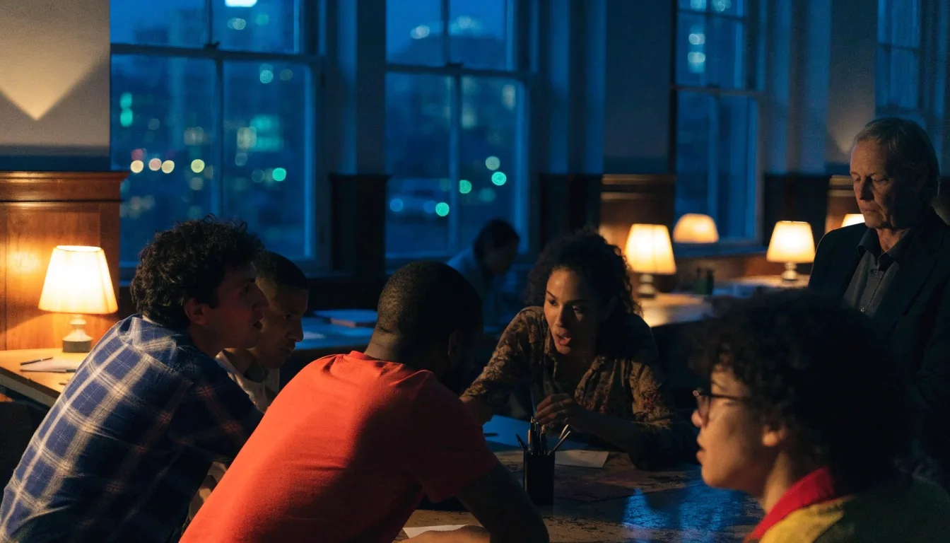 Adult learners talking around lamp-lit tables during an evening English class in a London college room