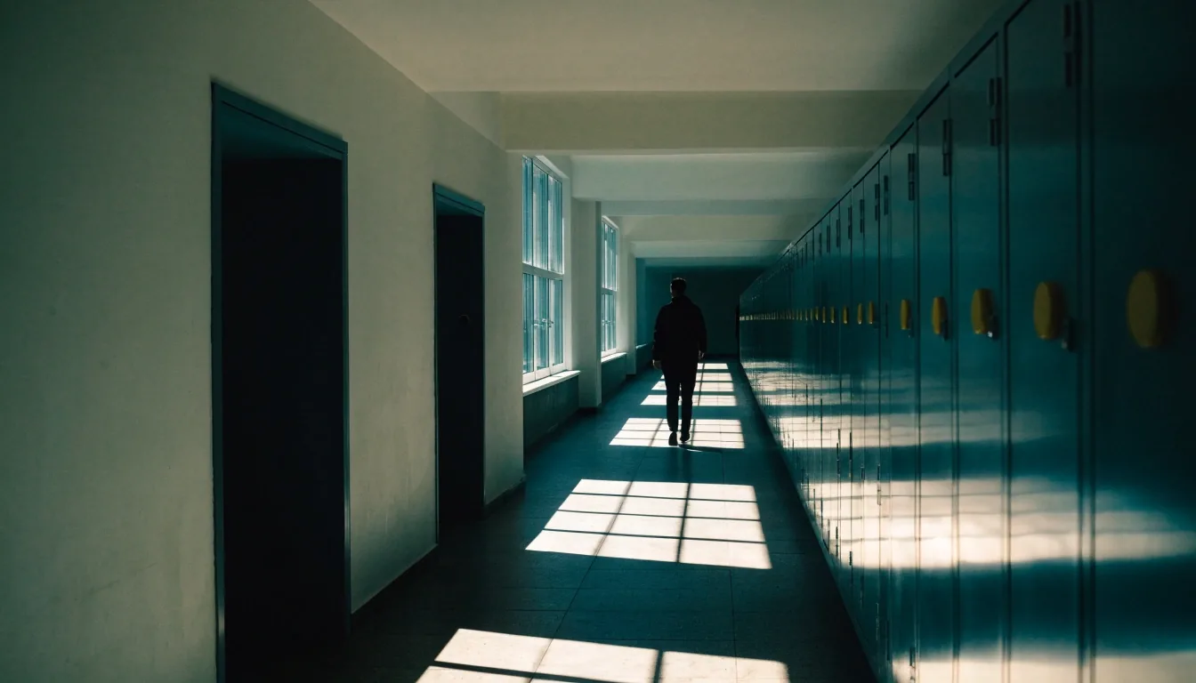 Daylight corridor between classrooms in a UK college with a learner walking away in silhouette