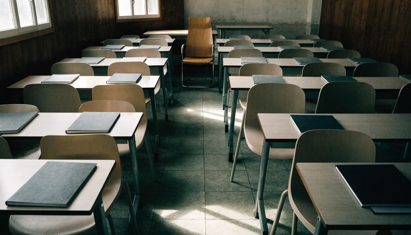 An adult English classroom set up for a group lesson, chairs and tables with closed notebooks