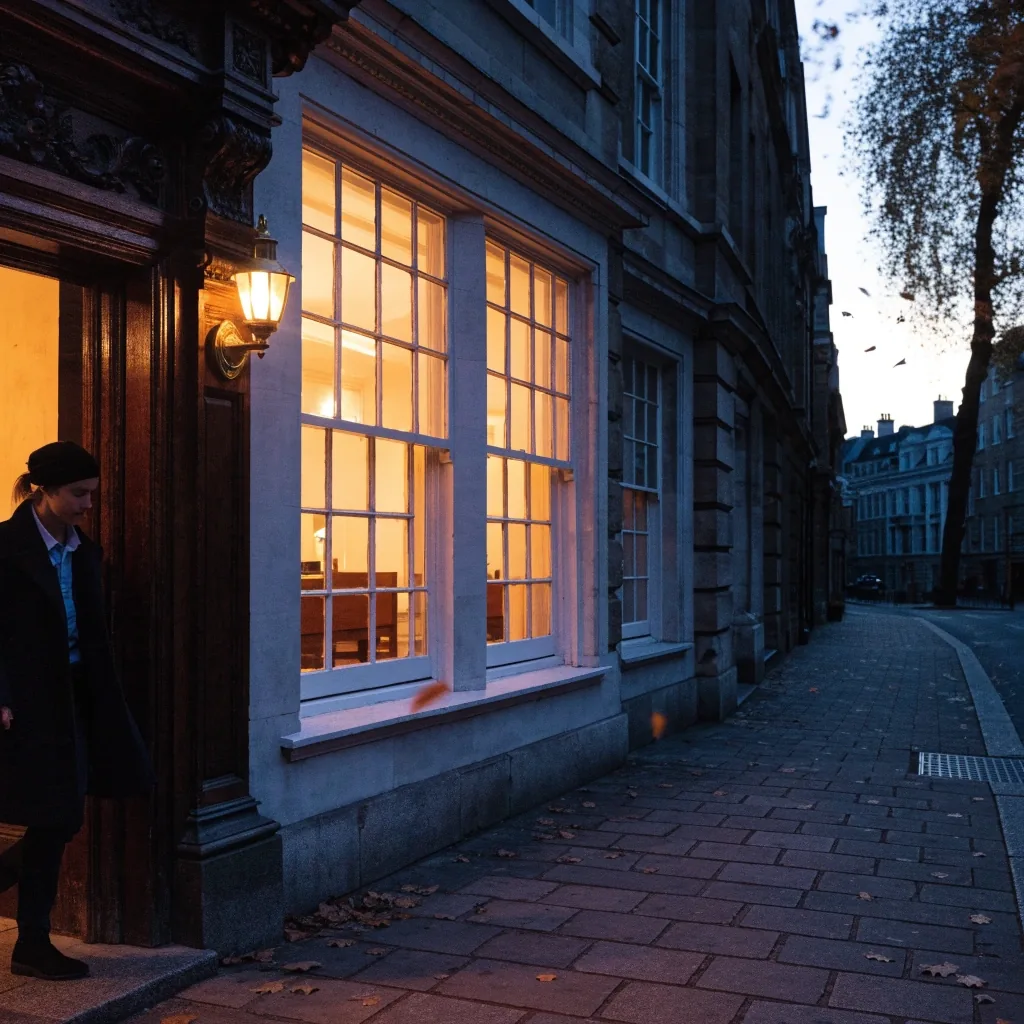 A London street in winter light outside a language school in Bloomsbury