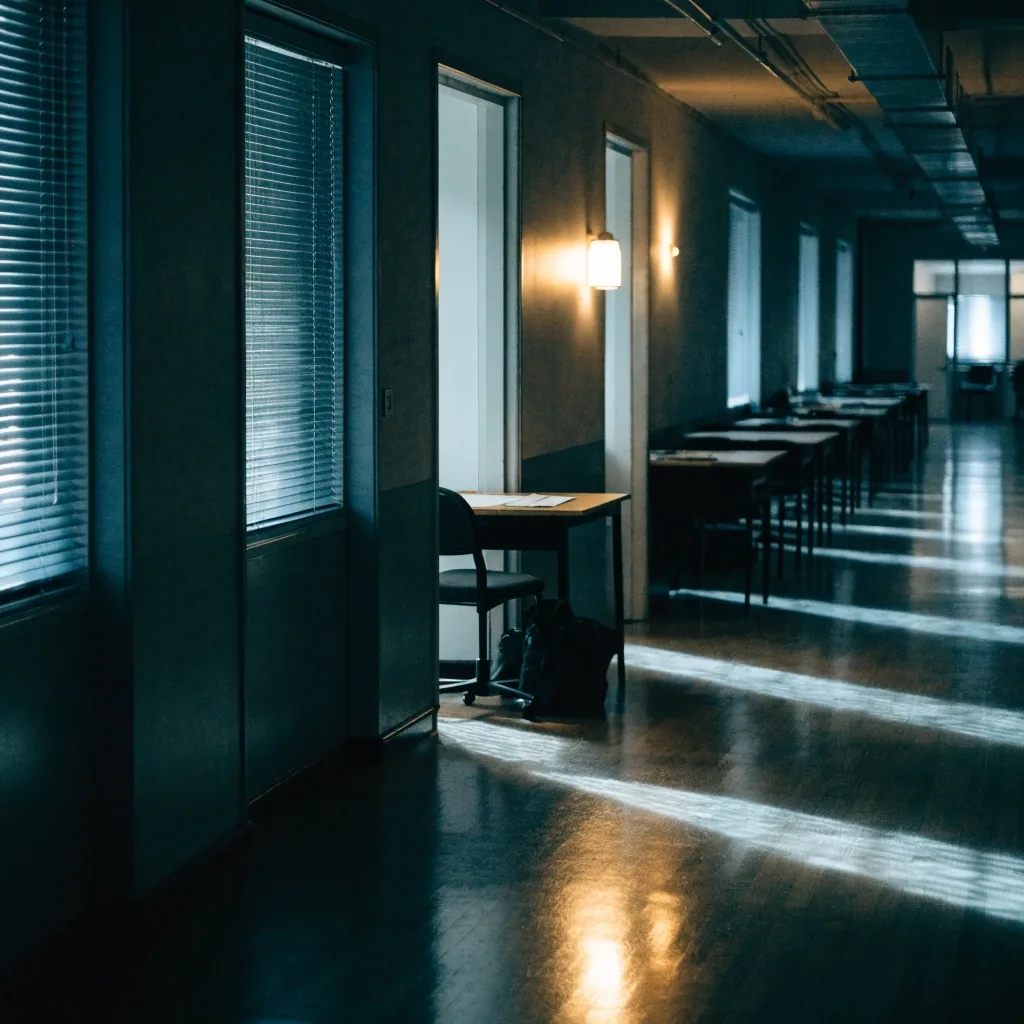 A quiet London language-school corridor at night after an exam session