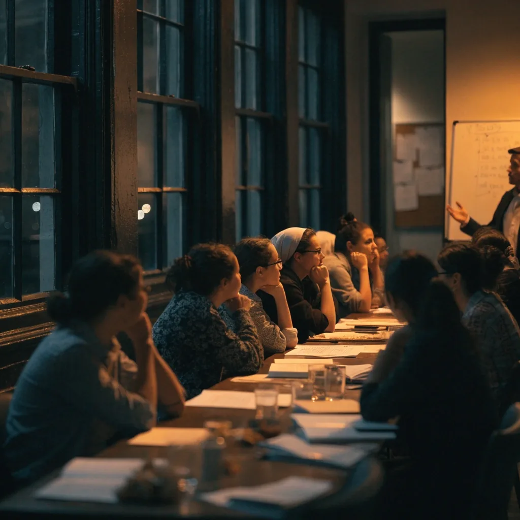 Adult learners writing in IELTS practice booklets at a night exam-preparation class in London
