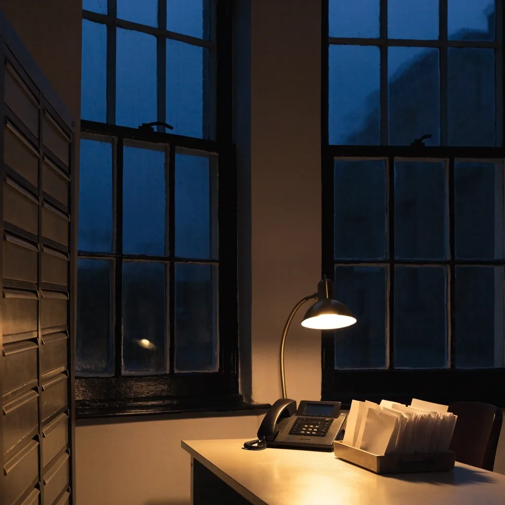 Evening light on the reception desk of a London language school office