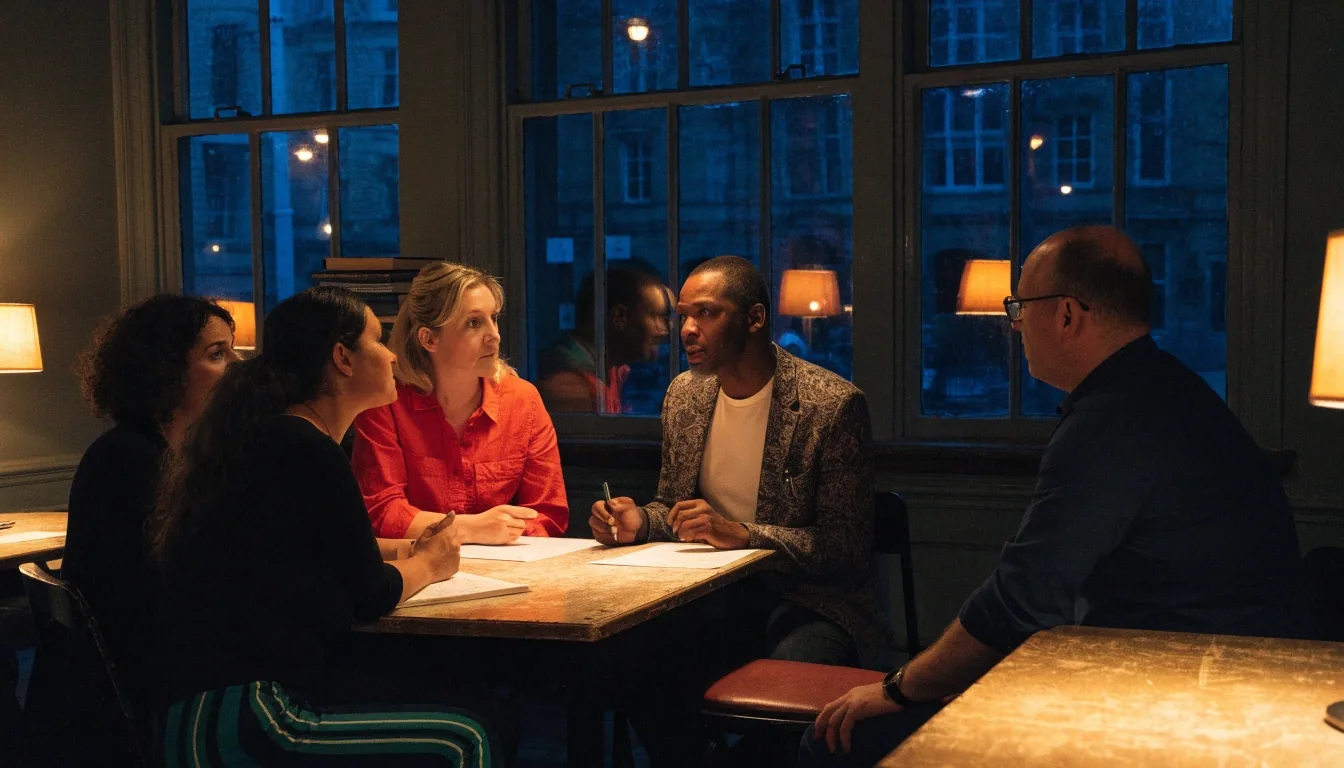 Adult learners in a night-time English class in a UK city-centre room