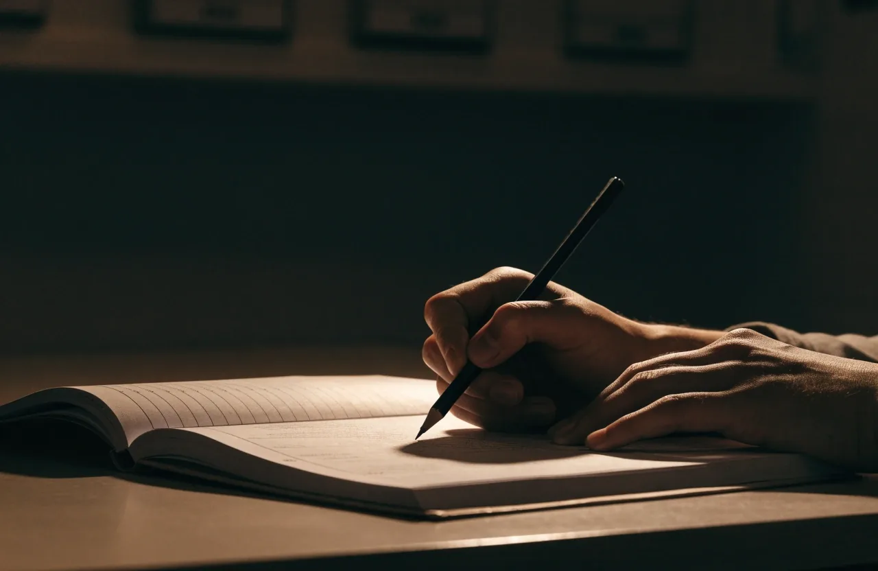 Adult learner working through an exam practice booklet under a desk lamp