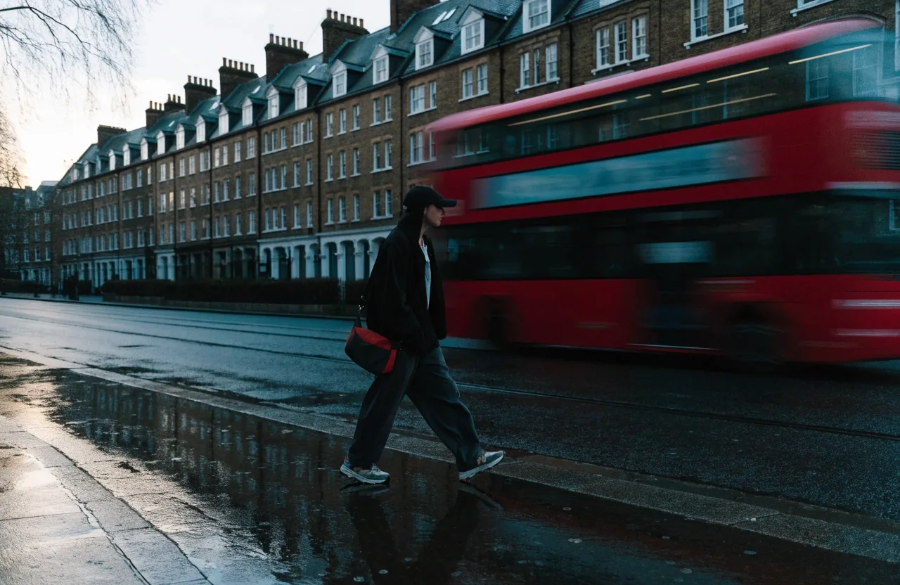 UK city street in winter light with a learner walking past a passing bus